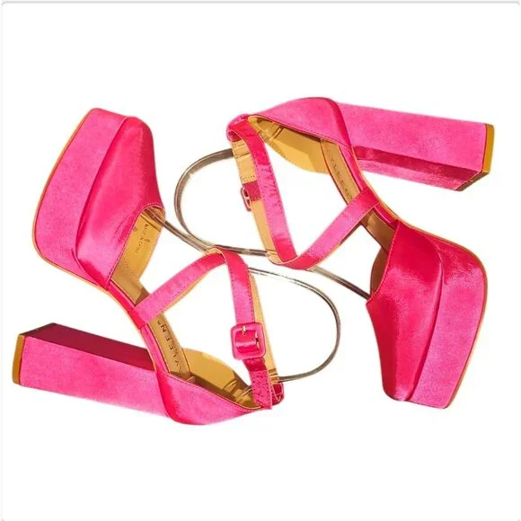 Bright Fuchsia Satin Platform High Heel Ankle Strap Pumps - Picture 7 of 7